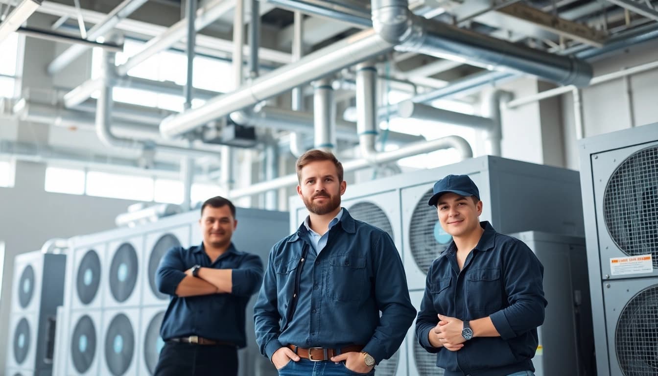 Technicians installing a trane canada HVAC system in a modern commercial setting.