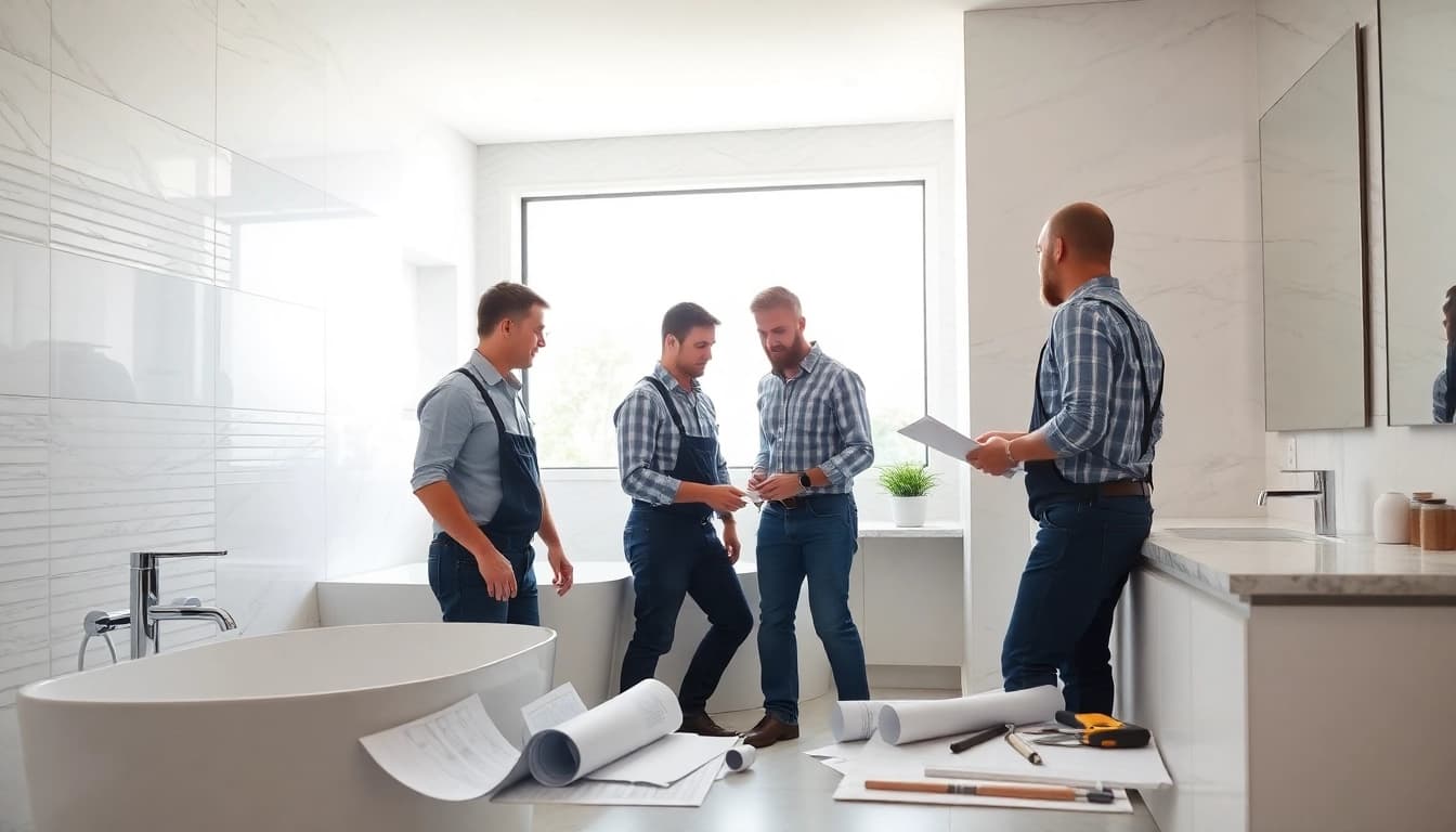 Skilled bathroom remodeling contractors discuss design plans within a modern bathroom space.