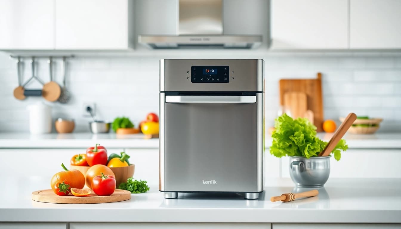 Showcase an affordable appliance in a bright kitchen with fresh ingredients.