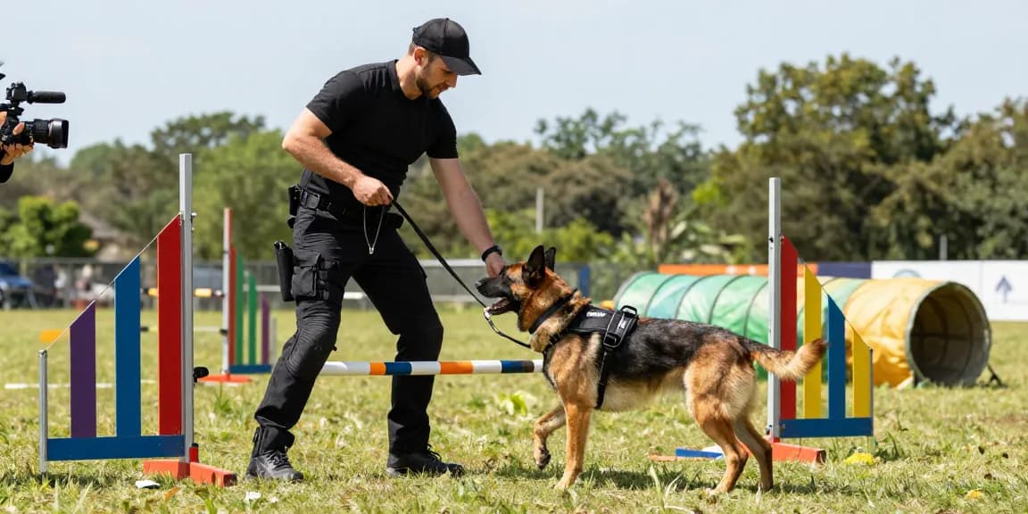 ROKOK88 K9 tactical gear in action, featuring a handler training a dog with a harness and professional leash.