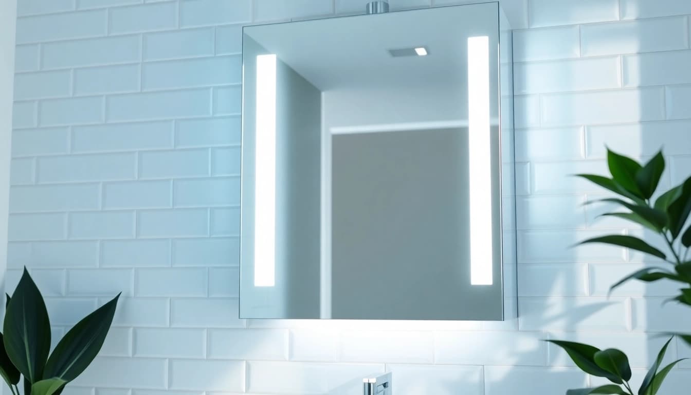 Showcase of a mirrored bathroom cabinet with light, reflecting elegance and modern design in a stylish bathroom.
