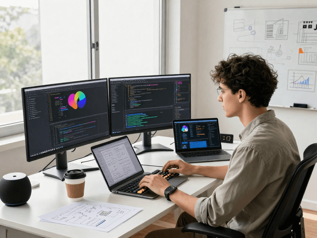 Dynamic workspace featuring a young engineer coding and engaging with AI tools, showcasing a crush on AI innovation.