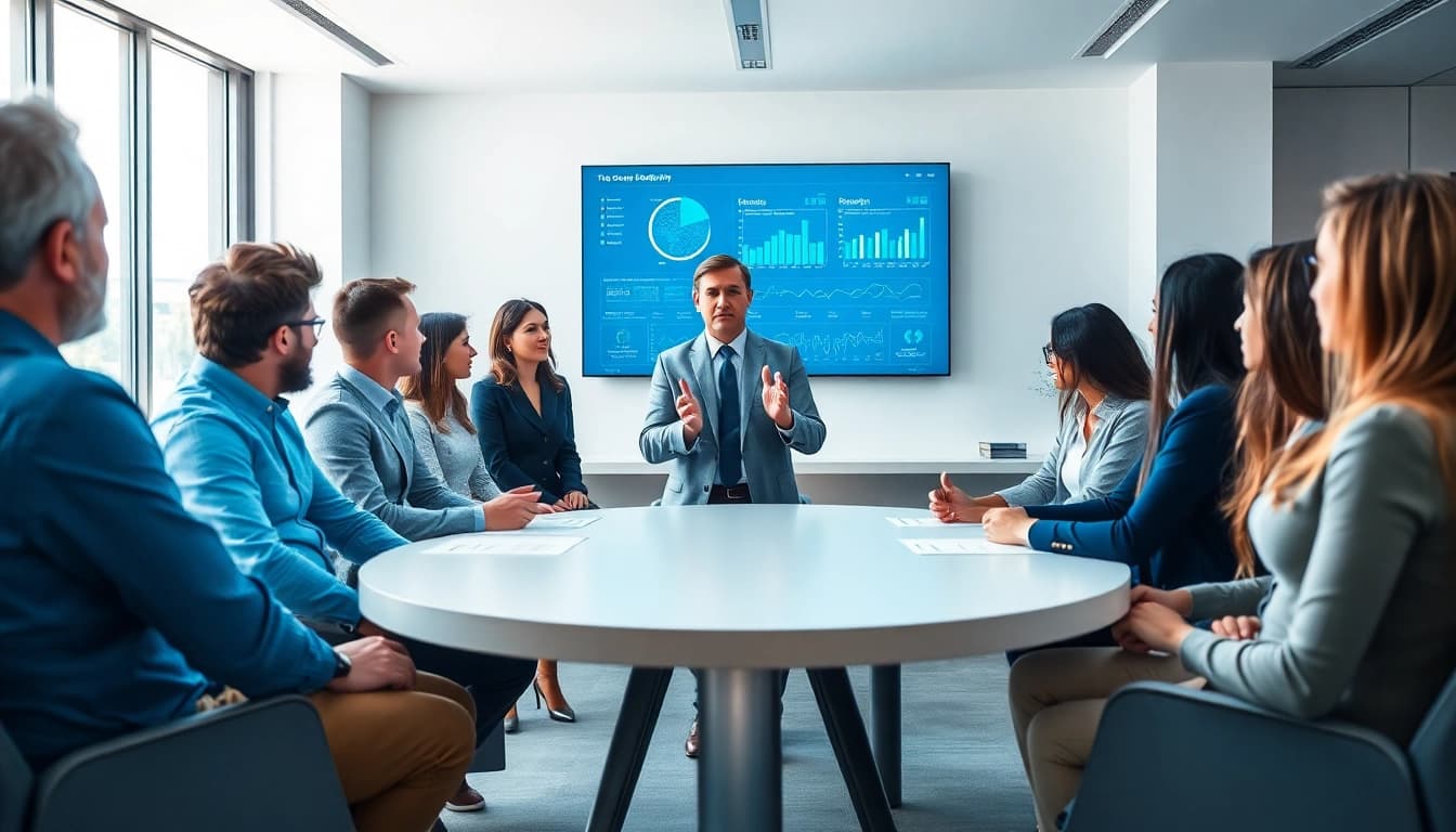 Engaged team discussing enterprise IT solutions in a modern office setting with data displayed.