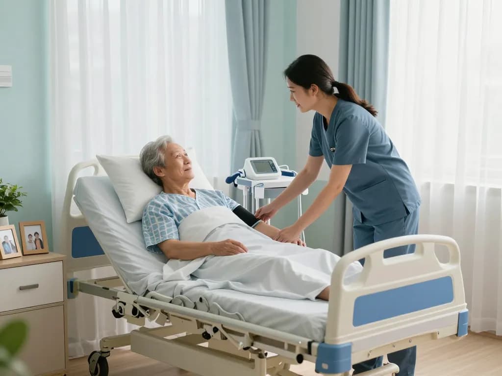 Quality giường bệnh nhân with caregiver assisting elderly patient in a bright, welcoming home healthcare setting
