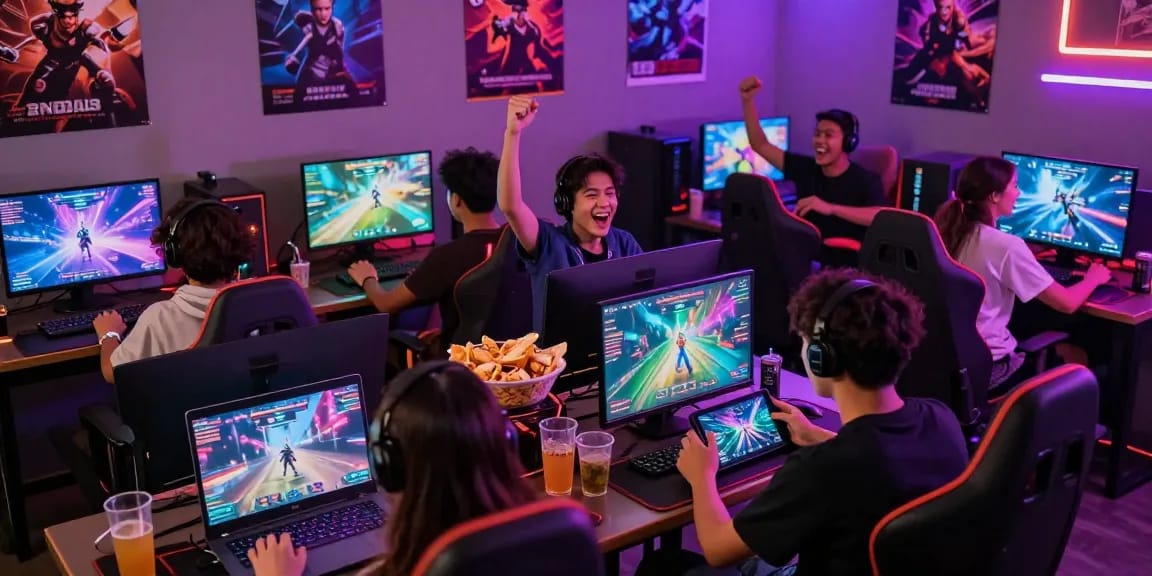 Friends enjoying xxx games together in a vibrant gaming lounge with neon lights.