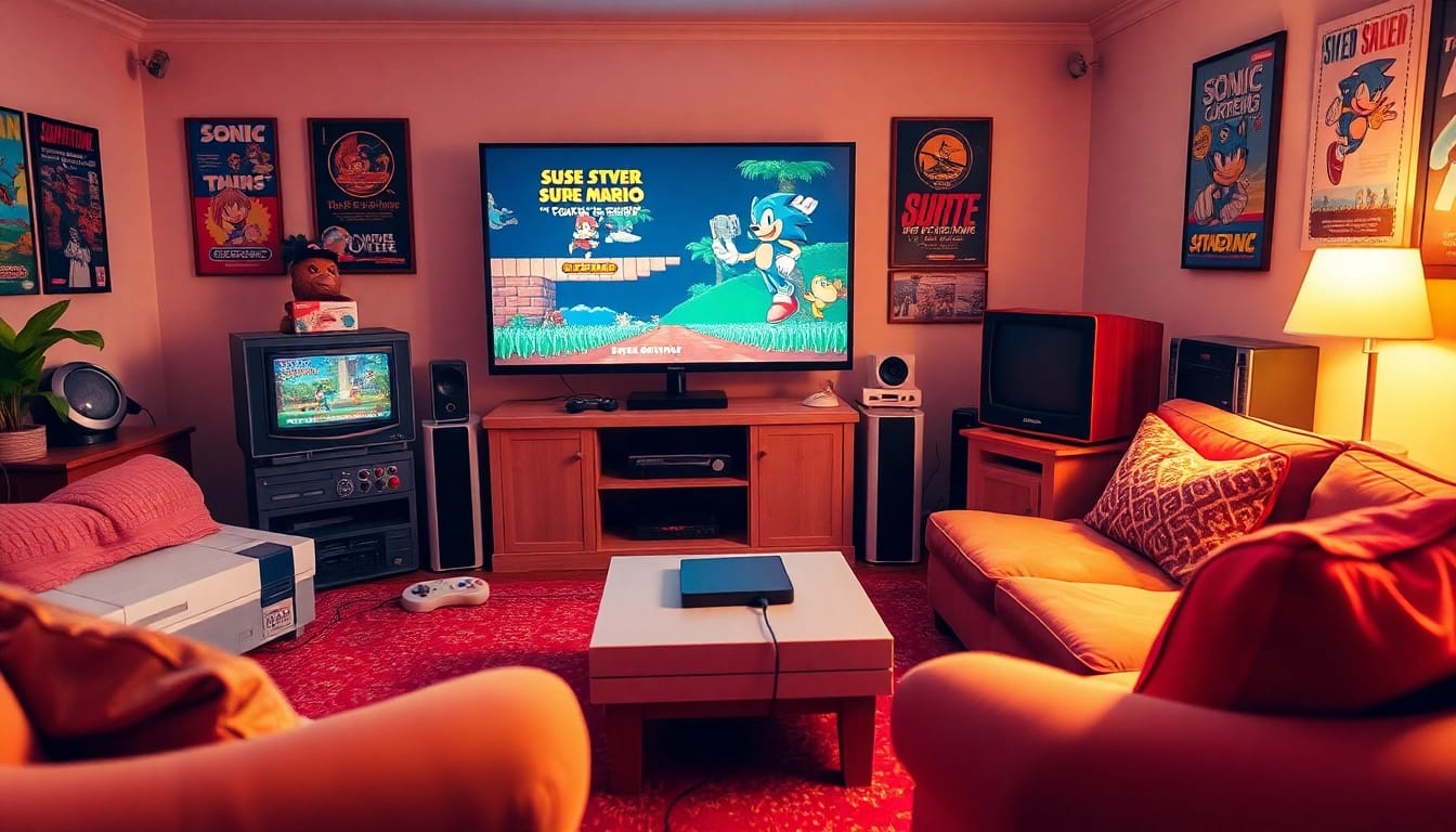 Engaging retro games scene with classic consoles and nostalgic decor