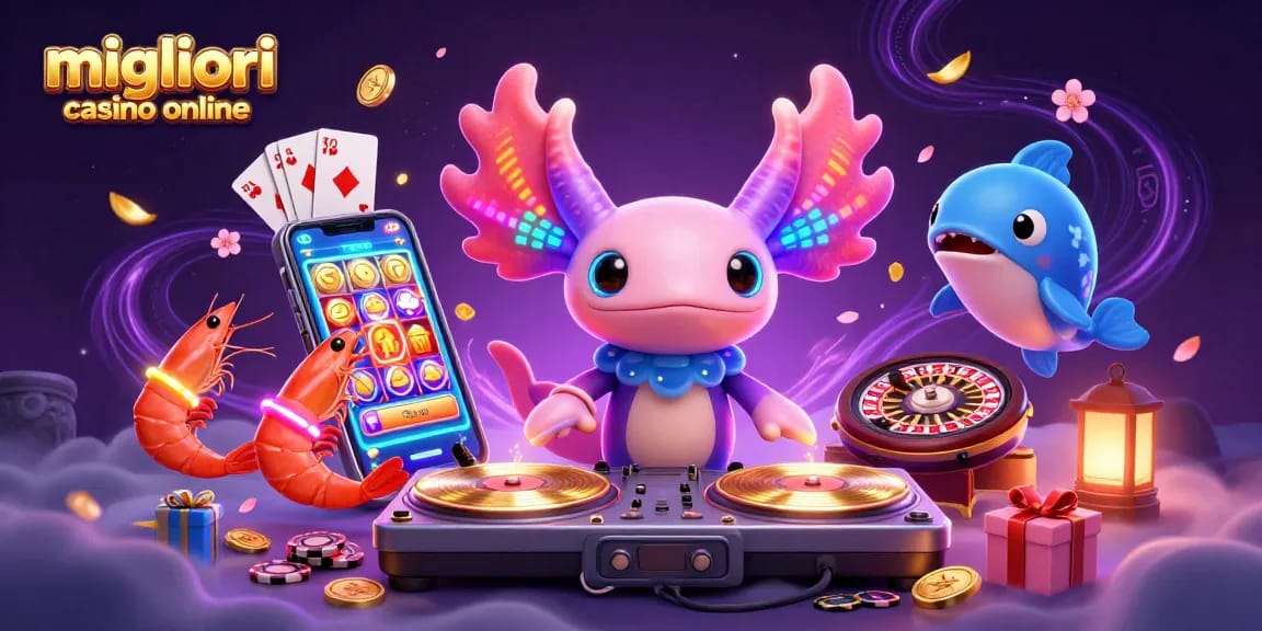 Scopri i migliori casino online con il DJ axolotl e simboli del gioco che esplodono di colore.