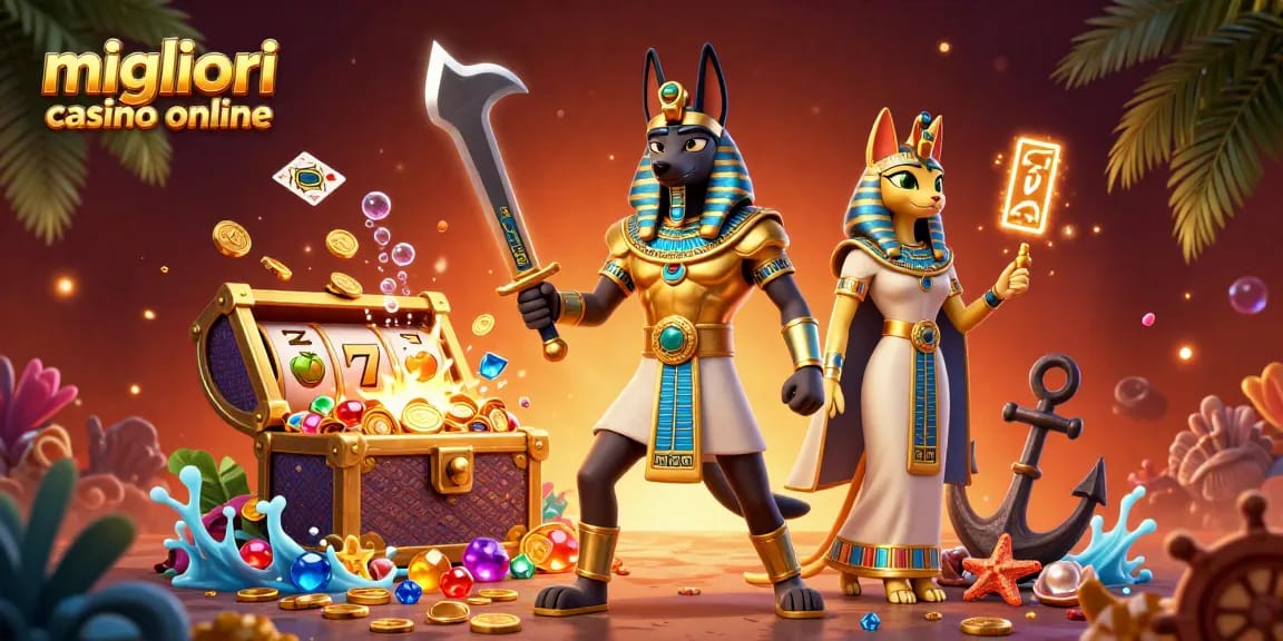 Gioca nei migliori casino online con Anubis e Bastet in un'illustrazione vibrante.