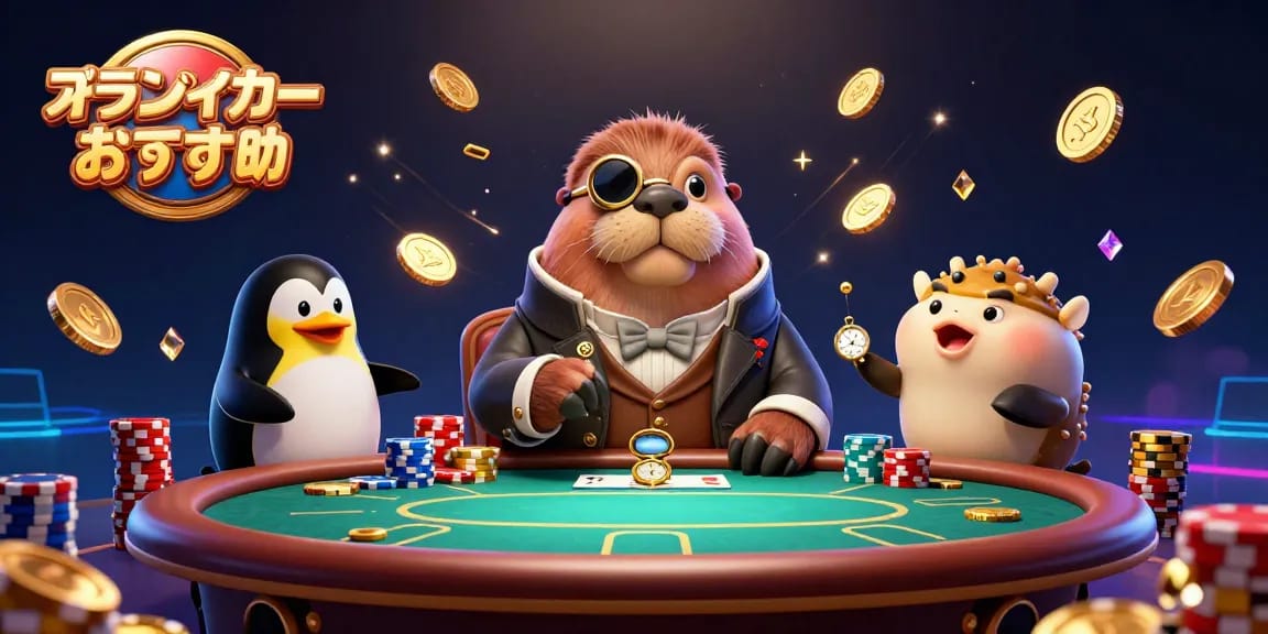 オンラインポーカー おすすめで勝つためのシーン、楽しいキャラクターたちがポーカーテーブルを囲みながら豪華なチップとコインで盛り上がっています。
