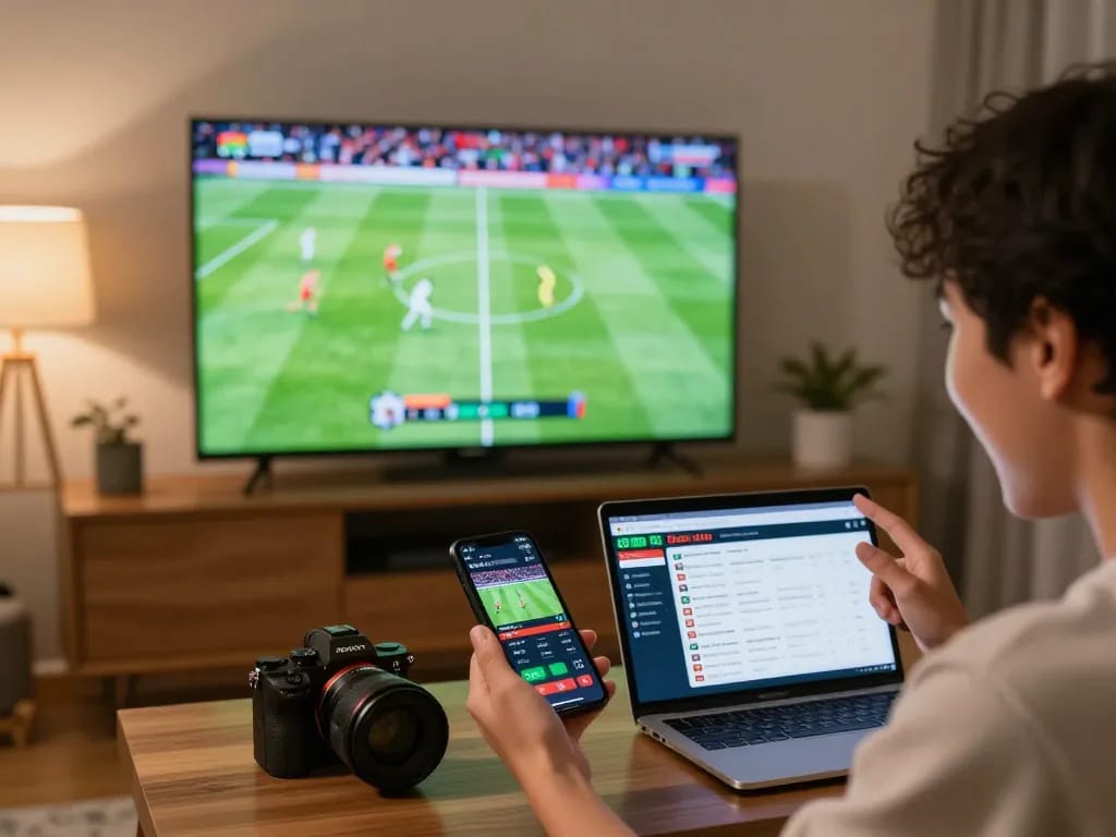 Engaged viewer actively betting on trực tiếp bóng đá hôm nay through a smartphone while enjoying a live match at home.