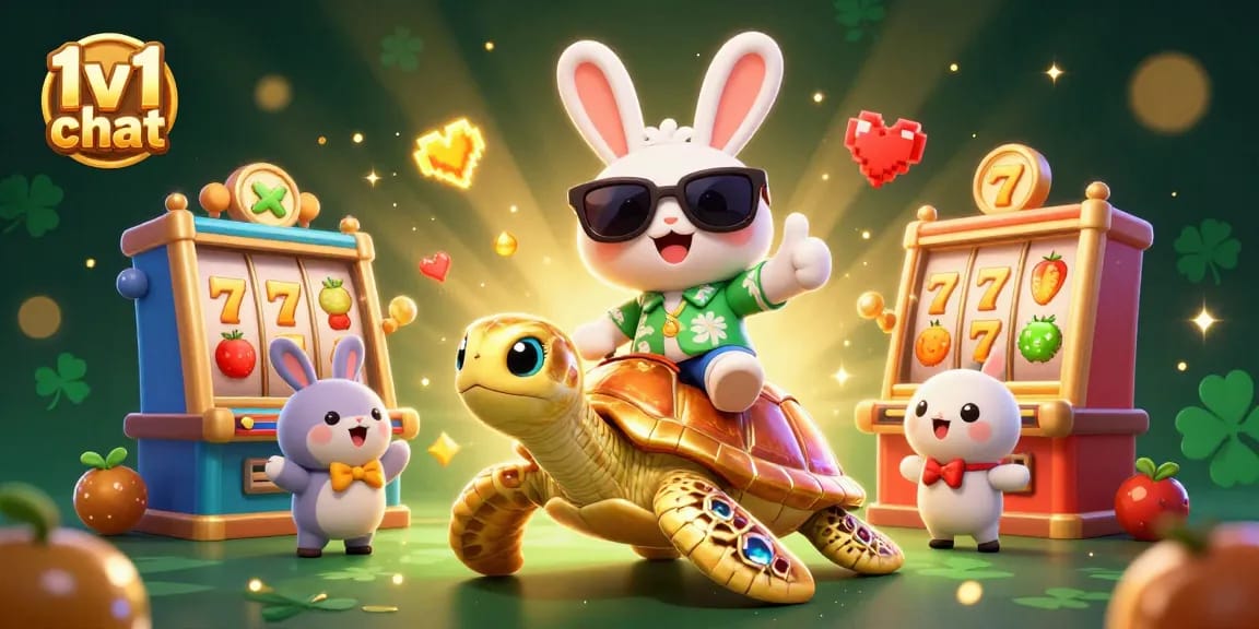 Engage in thrilling 1v1 chat while enjoying vibrant casino vibes with slot machines and lucky symbols.