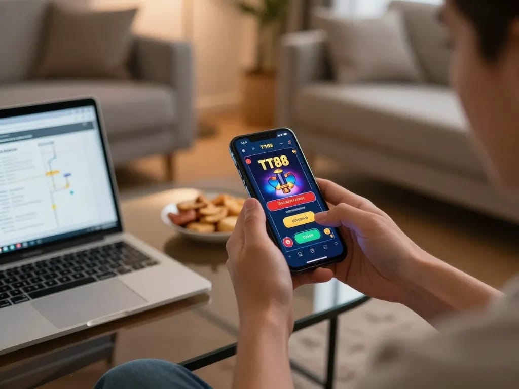 Player engaging with the TT88 casino app on their smartphone in a cozy home setting.