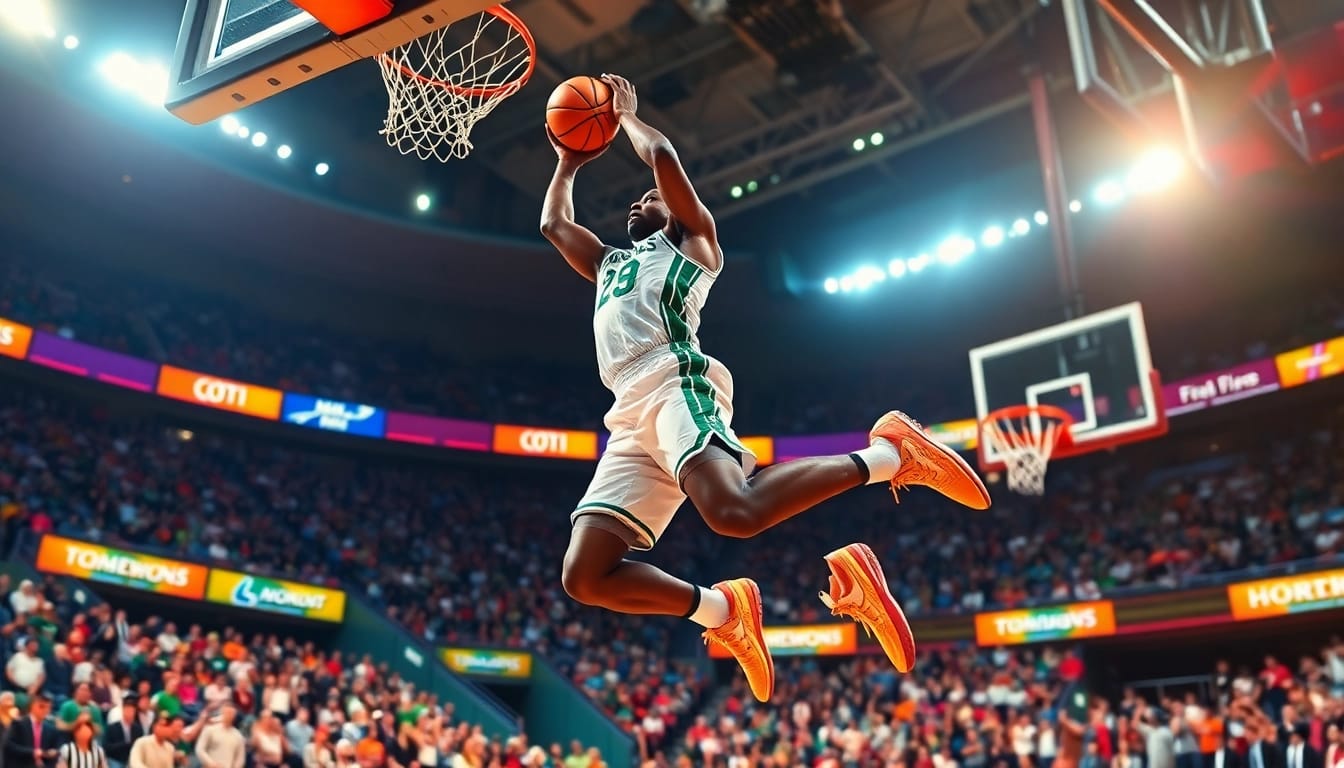 Dee Brown executing a thrilling dunk in a basketball game, showcasing his athleticism and flair.