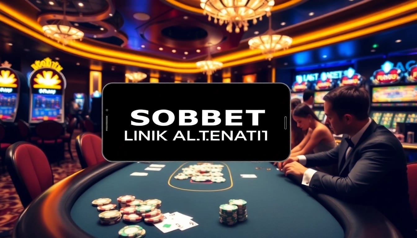 Engaging casino scene illustrating sbobet link alternatif with poker games and slot machines.