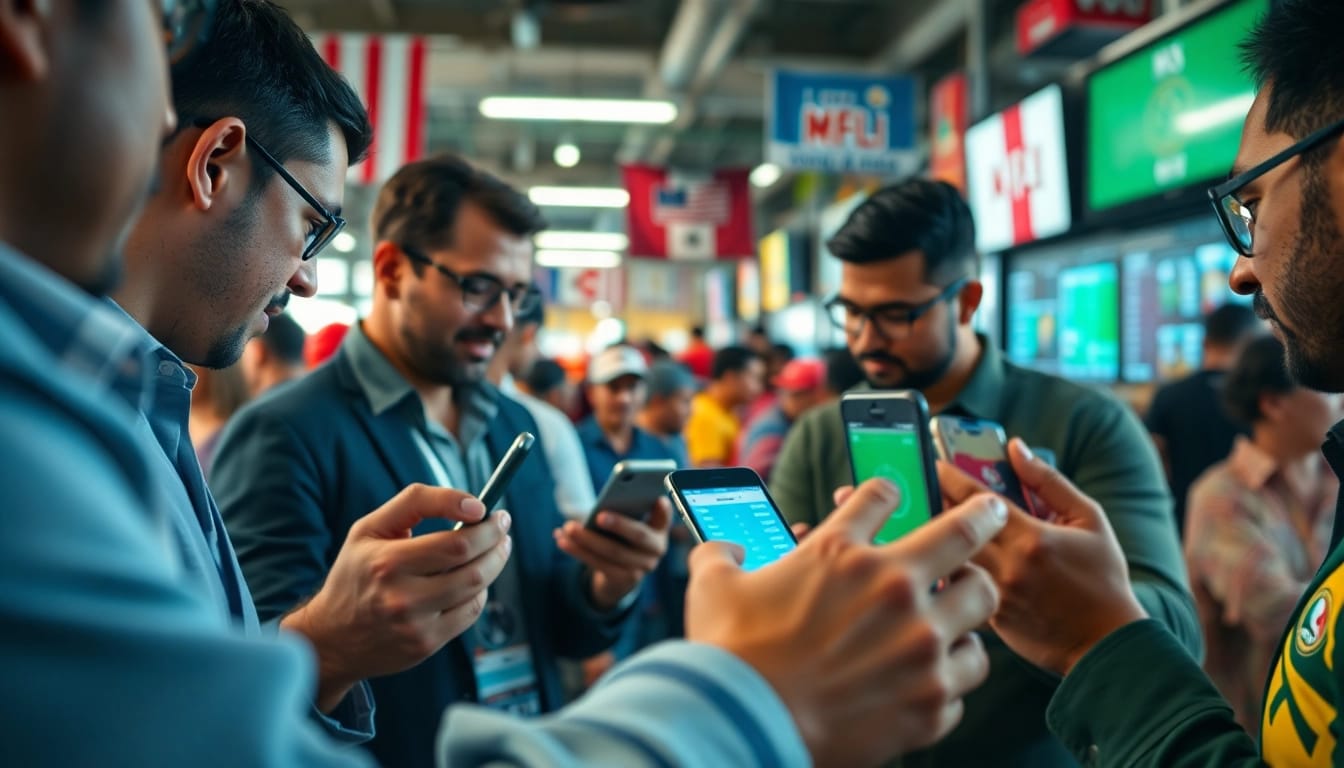 Engaged bettors enjoying sports betting Mexico in a lively market atmosphere with colorful displays.