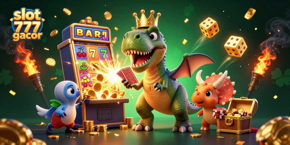 Engage in slot 777 gacor action with a fun T-Rex shuffling cards and winning coins!