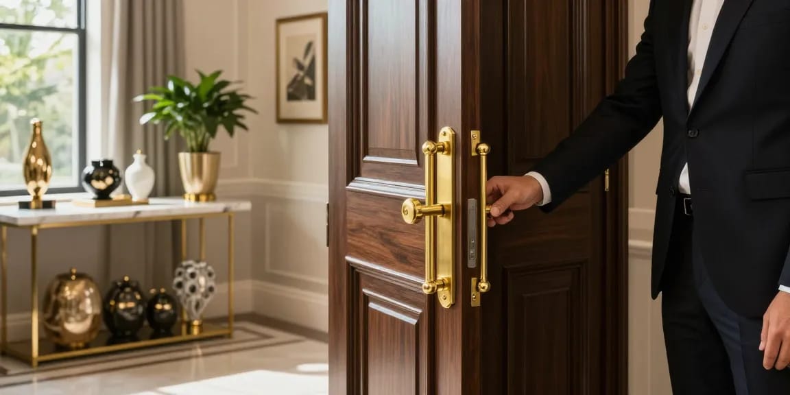 Stylish home entrance featuring elegant handles, inviting atmosphere, and luxurious decor.