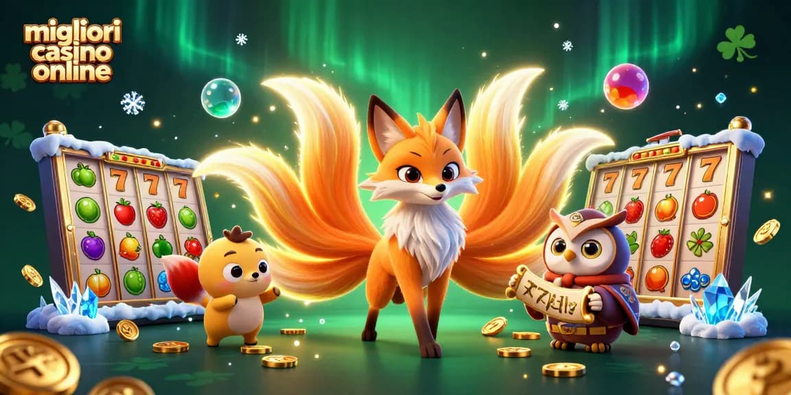 Scopri i migliori casino online in questa illustrazione 3D con una volpe a nove code e simboli di slot scintillanti.