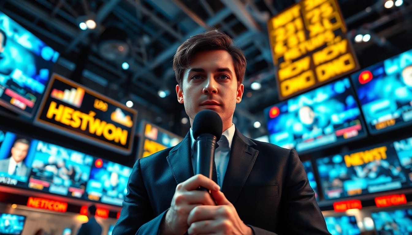 Cover the latest news with a dynamic journalist in a bustling newsroom.
