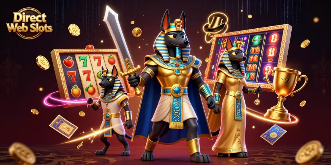 Experience the thrill of Direct Web Slots with vibrant characters, slot elements, and dynamic casino atmosphere in this 3D illustration.