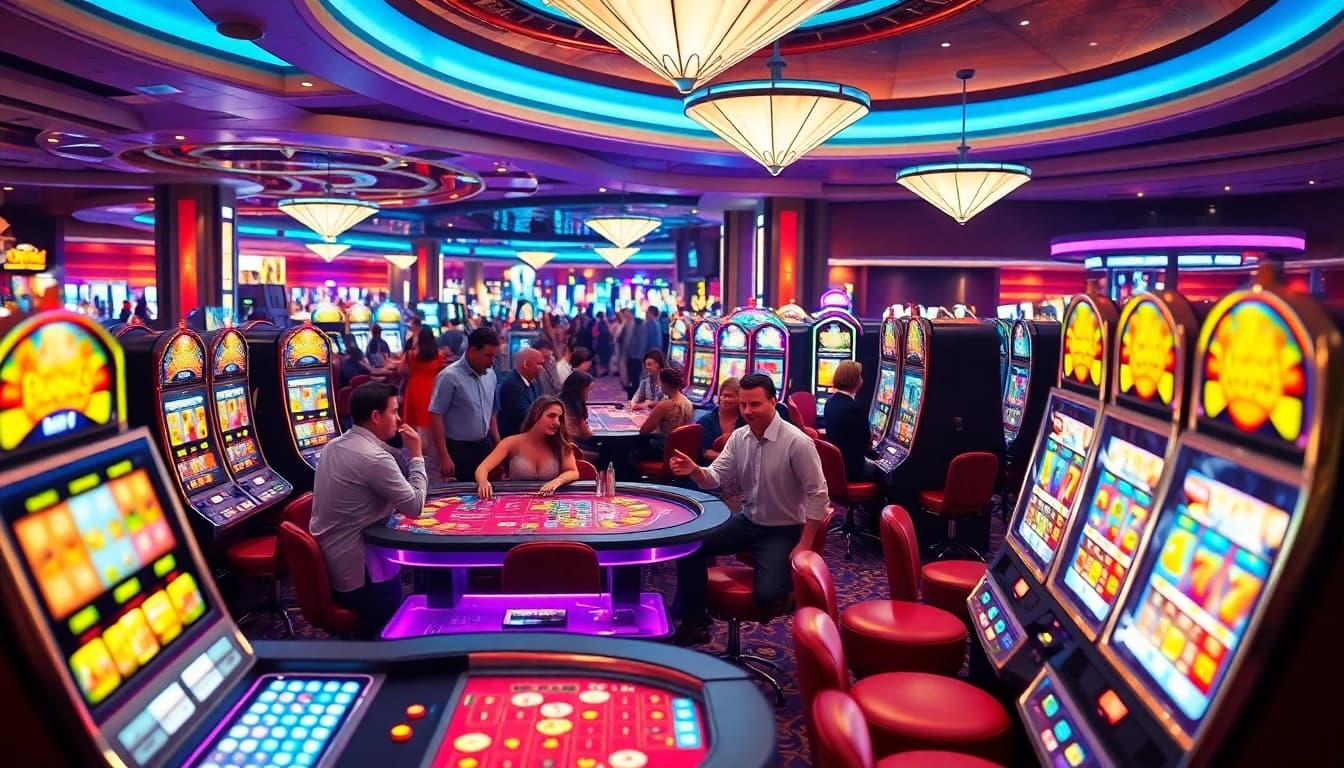 Permainan kasino bbni4d yang bersemangat dengan pemain yang terlibat dan mesin slot bercahaya.