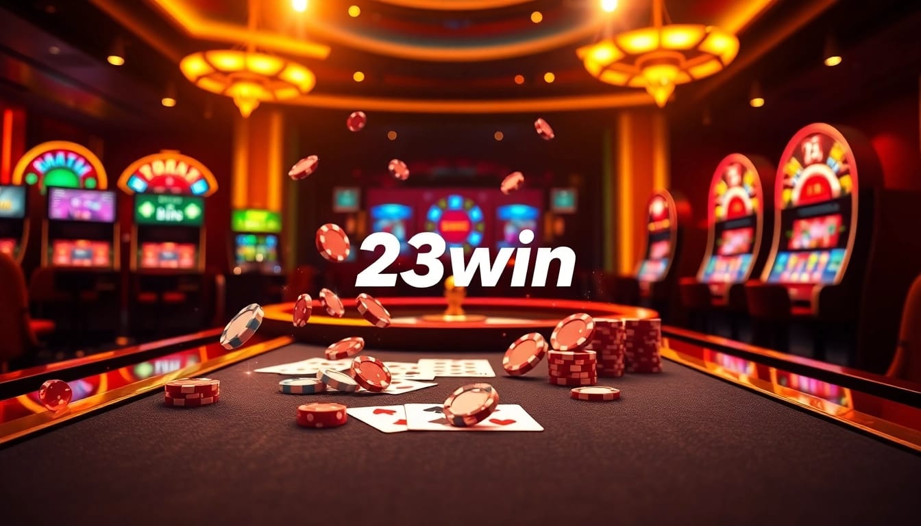 Exciting gambling experience on 23win with luxurious casino interface, vibrant slot machines, and action-packed games.