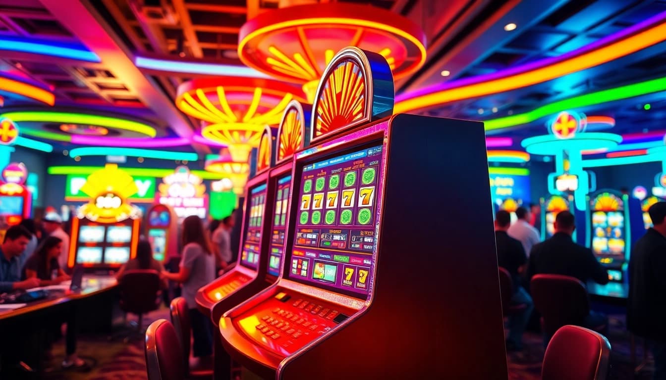 Main Slot77 machine captivating players in a lively casino atmosphere.