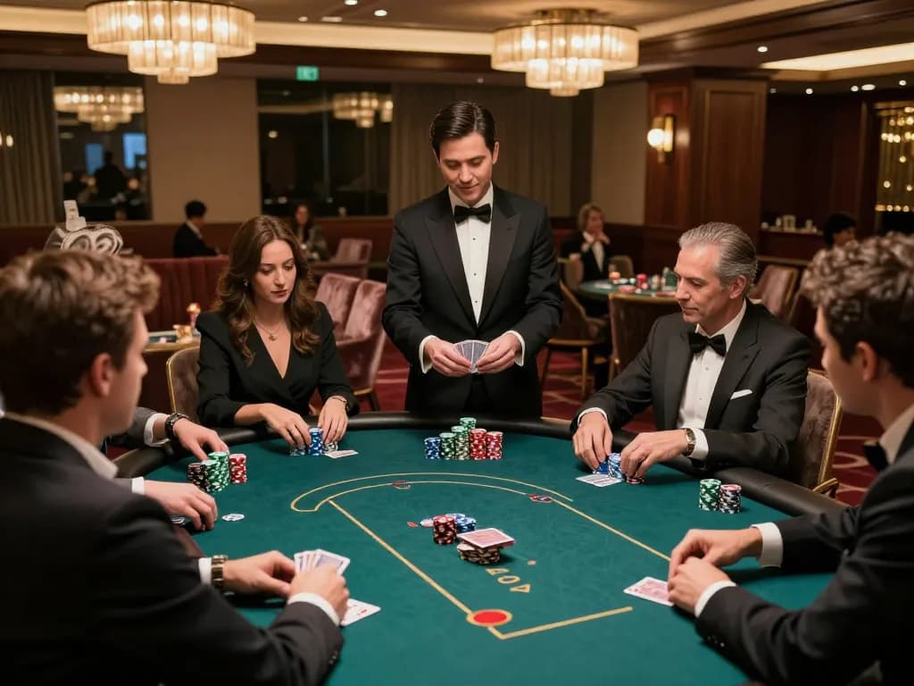 FAFA 828 captures high-stakes poker gameplay in an upscale casino atmosphere, showcasing excitement and sophistication.