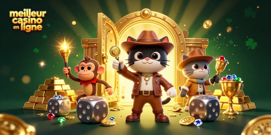 Découvrez le meilleur casino en ligne avec une illustration dynamique d'un chat explorateur trouvant des trésors dans un temple.