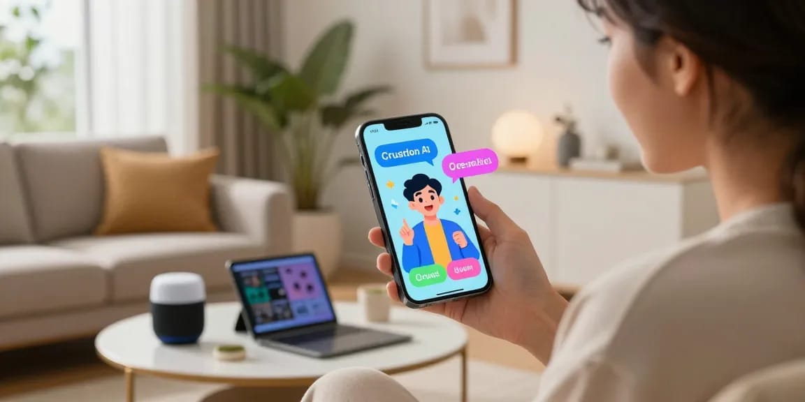 Dynamic scene of a user enjoying a CrushOn AI chat on smartphone in a vibrant living room.