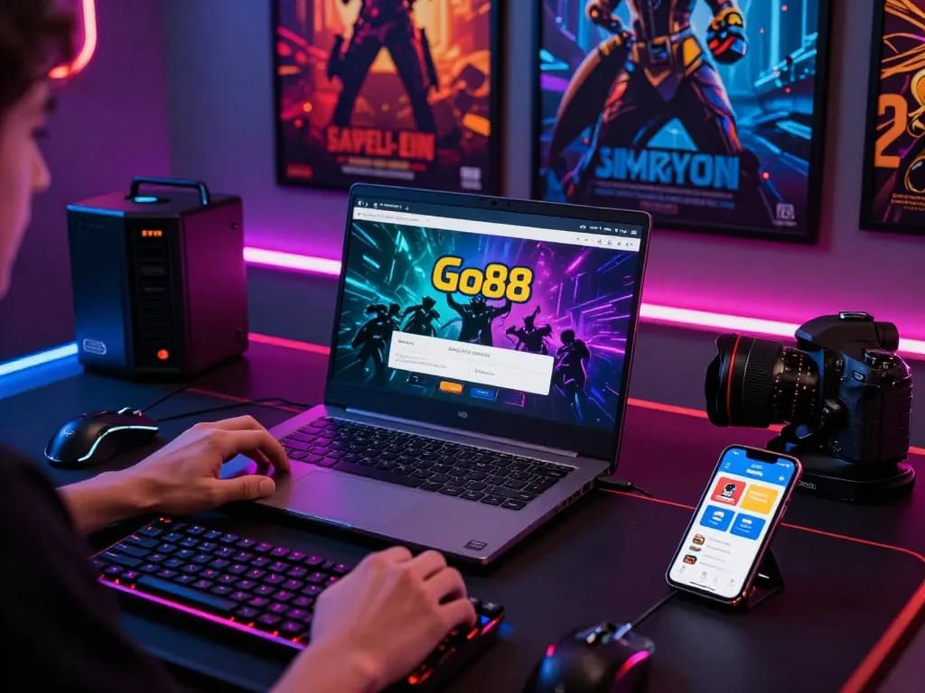 Download tải go88 gaming app on a sleek laptop with vibrant lighting and gaming decor.