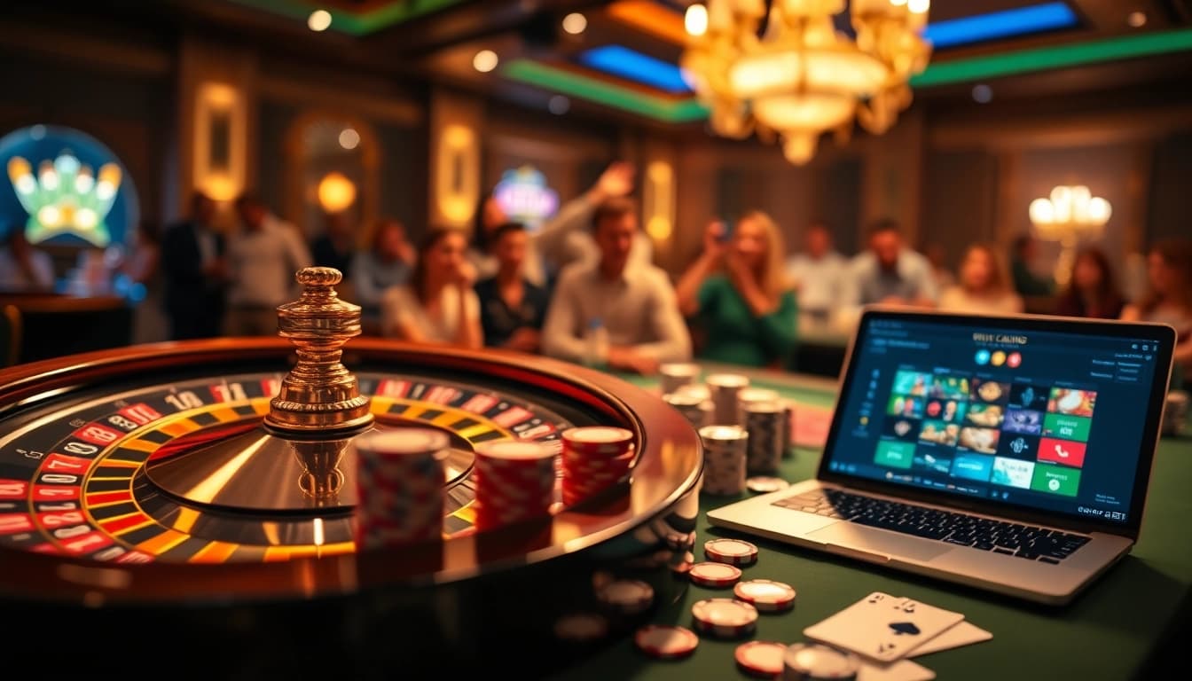 Adegan kasino yang mendebarkan menampilkan taruhan Depo 5k dengan chip poker dan roda roulette.