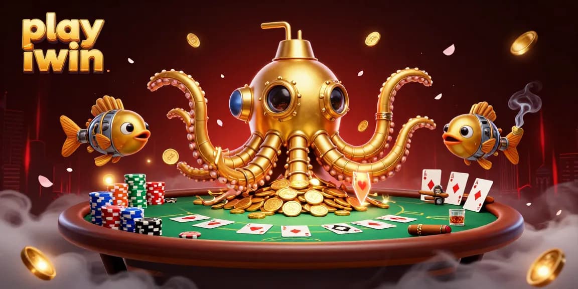 Play iwin with excitement as the golden kraken submarine emerges among poker chips and casino ambiance.