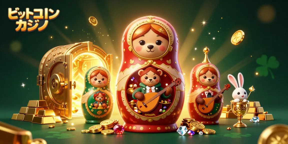 ビットコインカジノで賑やかな雰囲気の中、マトリョーシカ風のクマが次々と小さなクマを披露し、豪華なゲーム要素に囲まれています。