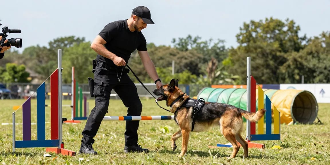 ROKOK88 K9 tactical gear in action, featuring a handler training a dog with a harness and professional leash.