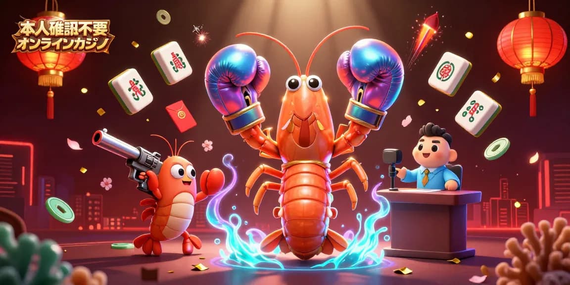 本人確認不要 オンラインカジノのキャラクターとカジノ要素が溢れる活気のあるビジュアル。