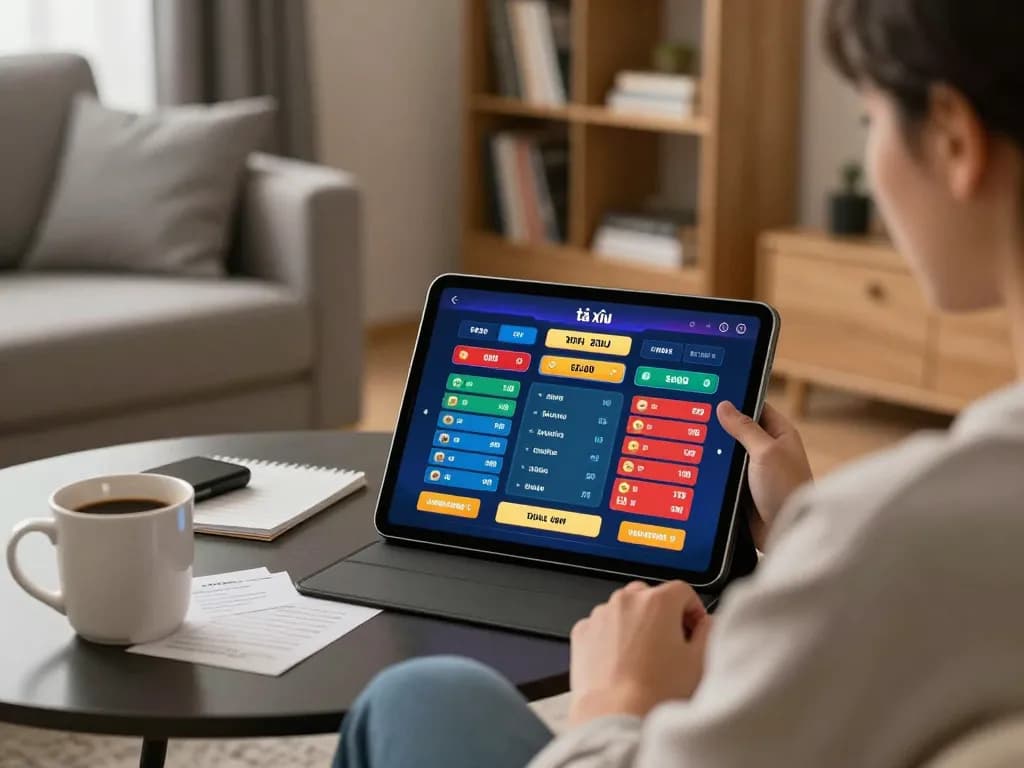 Engaging player using app tài xỉu online uy tín on tablet in cozy living room, emphasizing responsible gambling.