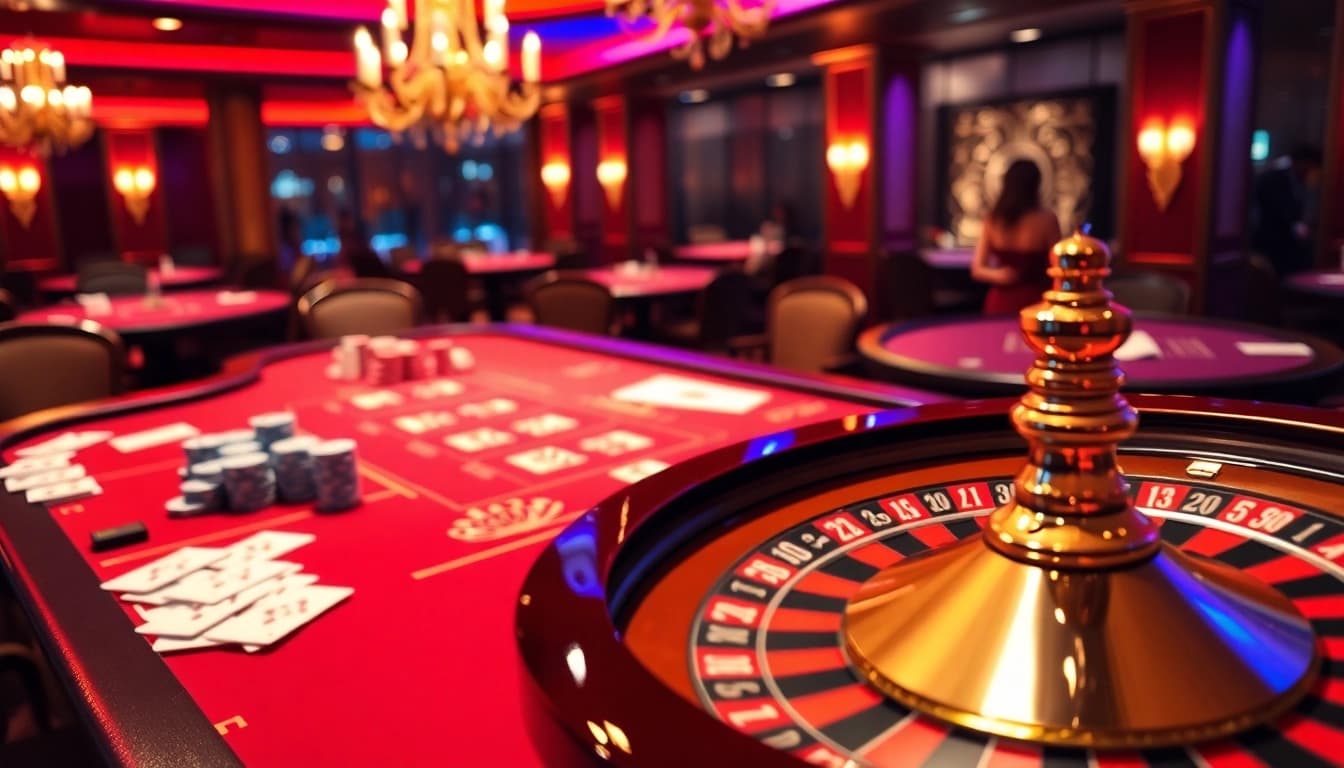 Experience thrilling html porn games at an elegant casino with vibrant tables and a spinning roulette.