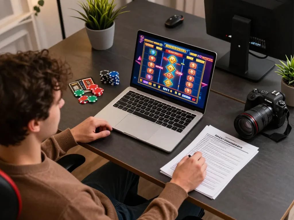 Player engaged in slot games on laptop while reviewing bankroll management notes at stylish desk