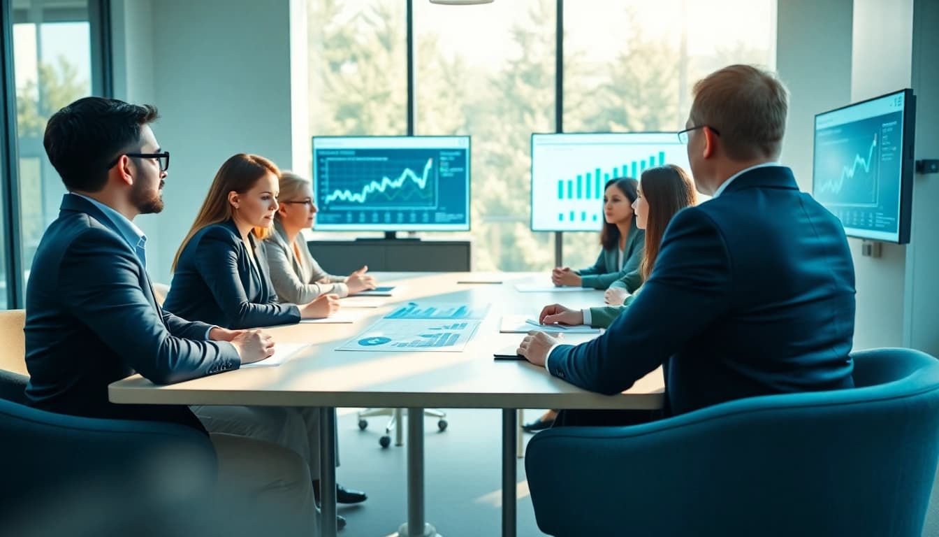 Engaged professionals conducting a Bid-No-Bid Analysis discussion in a bright conference room.
