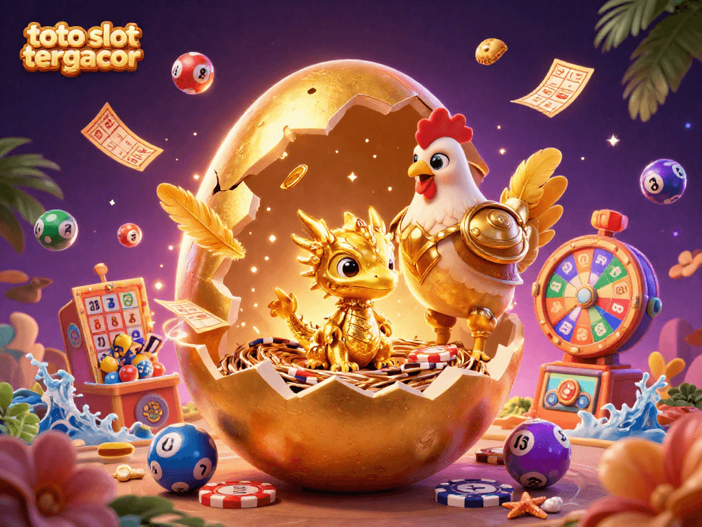 Experience thrilling toto slot tergacor action with a golden dragon guard and colorful winnings in a vibrant casino scene.