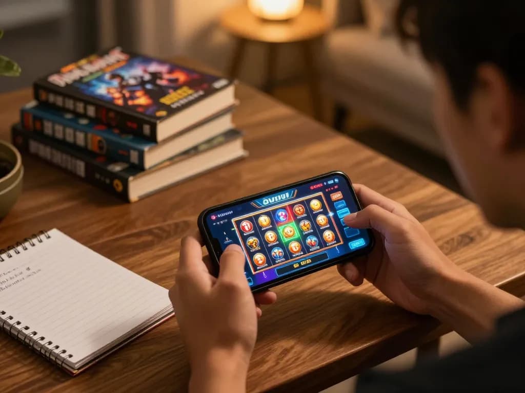 Player engaging with สล็อตวอเลท mobile app, showcasing vibrant graphics in a cozy home setting.