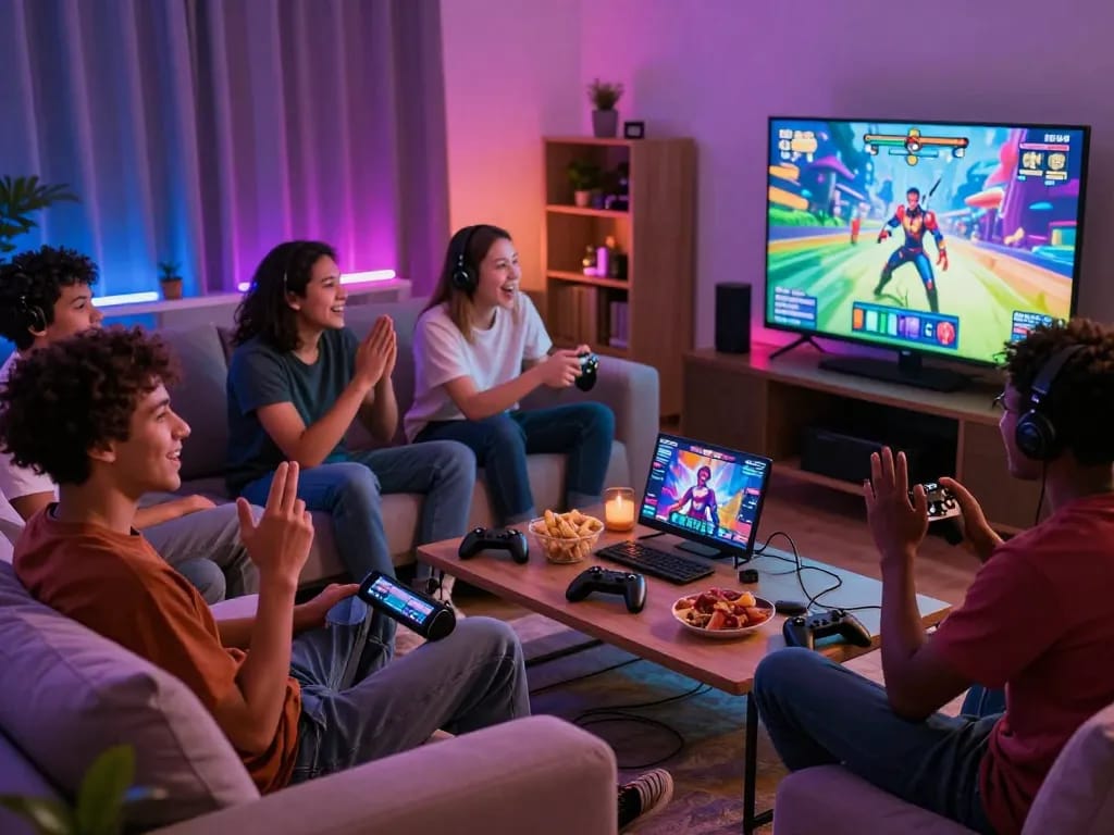 Engaged players enjoying a hentai game on a couch surrounded by snacks and vibrant lights