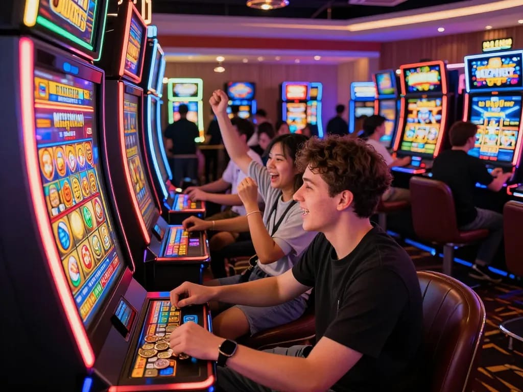 Pemain menikmati keseruan mesin slot link di lingkungan kasino yang hidup.