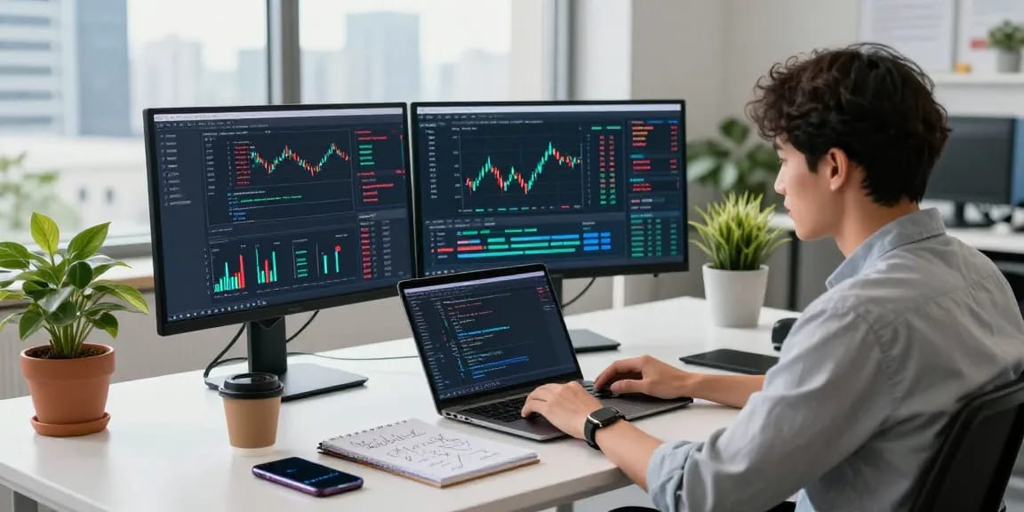 Developer integrating global commodity index API data in a modern workspace, showcasing live financial market visuals.