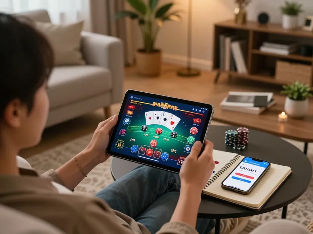 Engaging in online gaming with BUKA77 LOGIN on a tablet in a cozy home atmosphere.