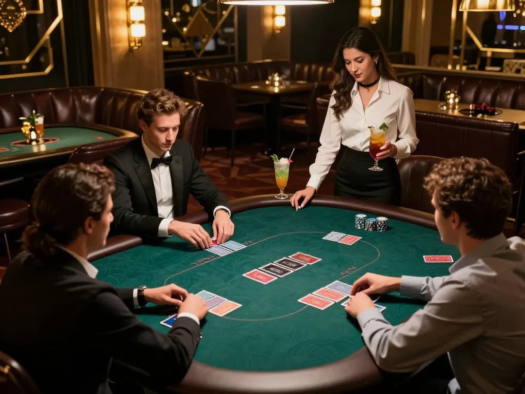 Situs Toto Macau players enjoying a high-stakes poker game in an upscale VIP environment