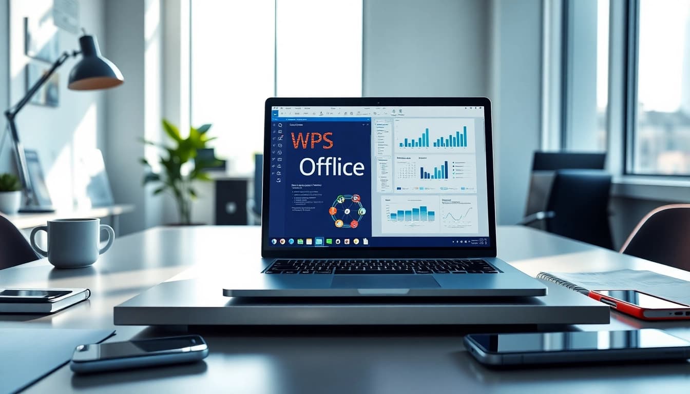 在专业办公环境中的现代笔记本电脑上展示的 WPS Office,强调提升工作效率。