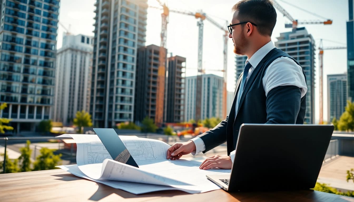 Real Estate Developer analyzing blueprints with urban construction in the background.