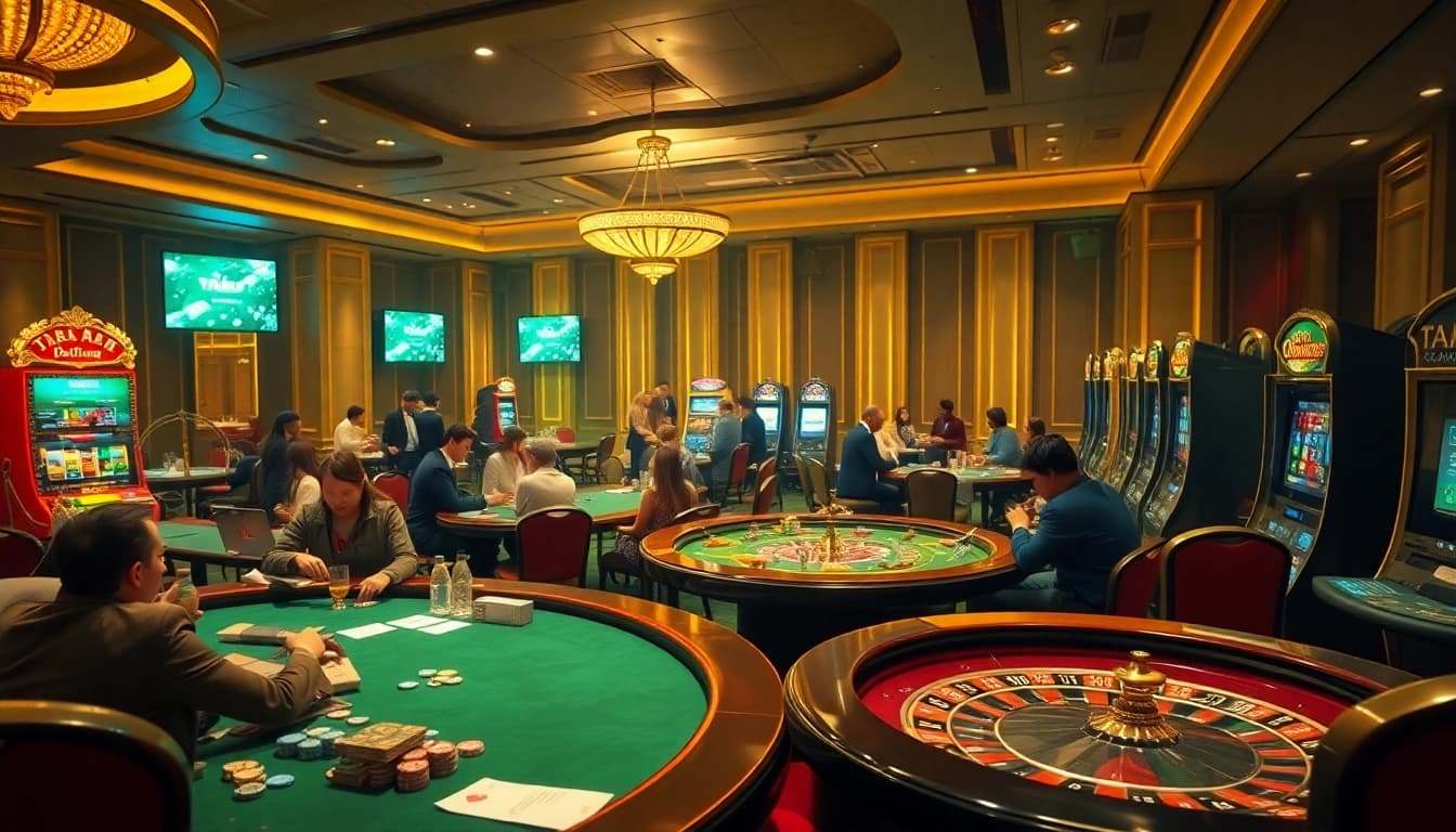 Exciting online gambling scene featuring TA88 with players at vibrant tables and slot machines.